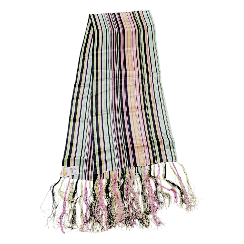 Talbots Silk Scarf Multicolor Stripes 6" Fringe Double Thickness 11 x 68" NWT